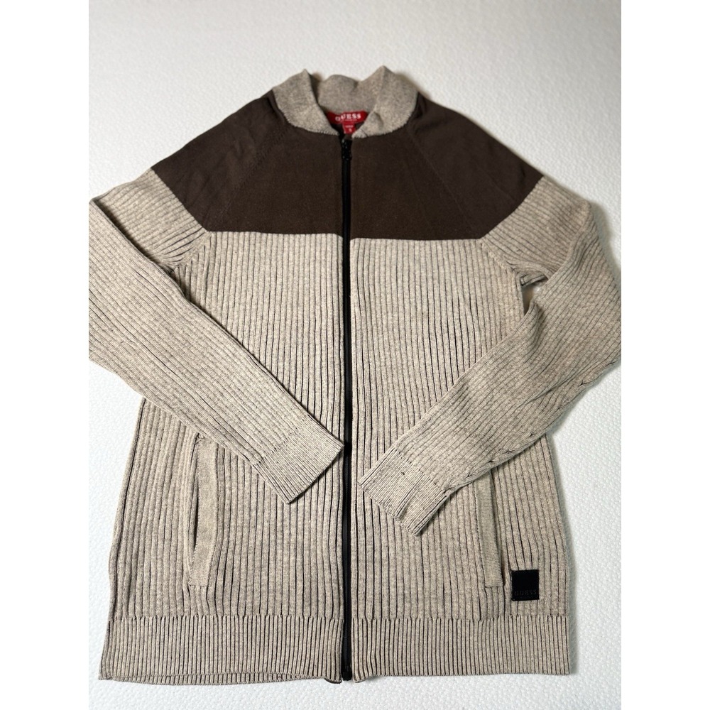 GUESS Los Angeles Men's Zip Up Sweater Small‎ Beige Brown Ribbed Knit Full Zip